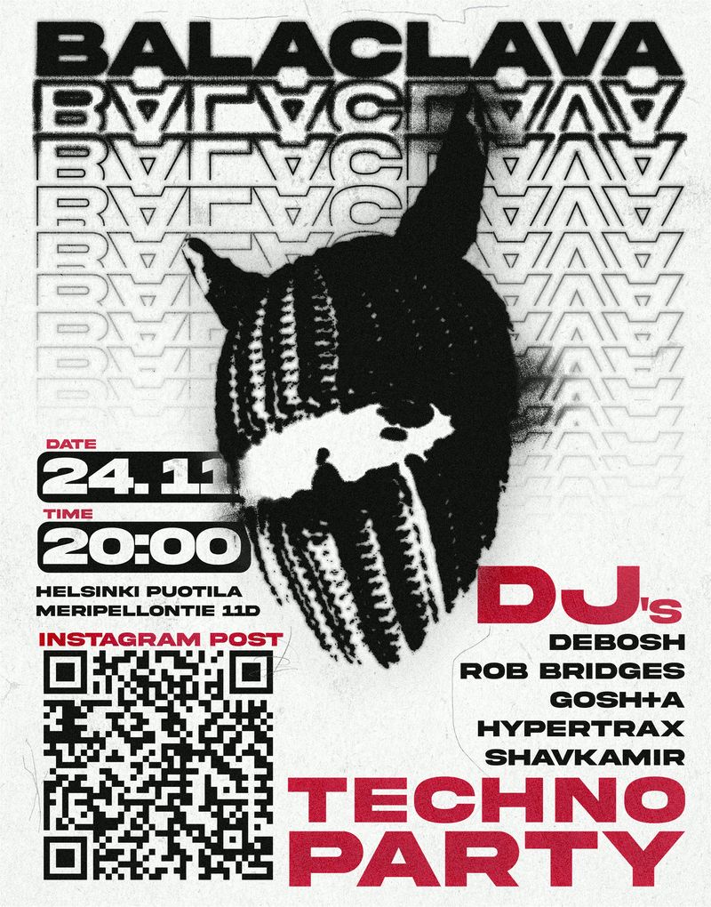 Balaclava Dawgs print poster — black knitted mask on a light ground, with a QR code to the Instagram post